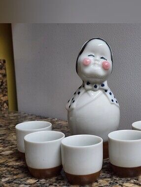 Vintage Okame & Hyottoko Ceramic Sake Set - 6 Piece Tokkuri & Cups - Stamped CBC